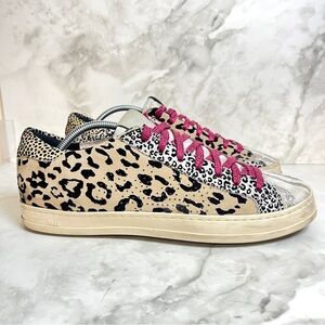P448 Leopard Print Low-Top Sneakers with Pink Laces and Cream Sole